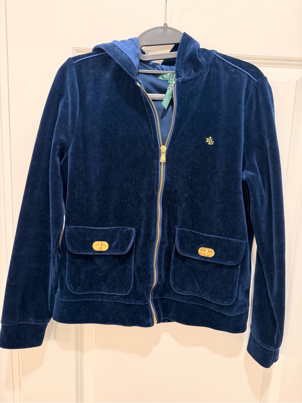 Ralph Lauren Navy Velour Zip Hoodie with Gold Accents